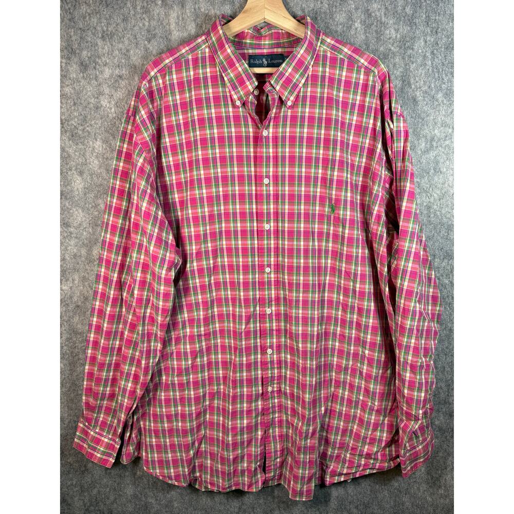 Ralph Lauren Mens Classic Fit 3XLT Pink Green Plaid Long Sleeve Button Up